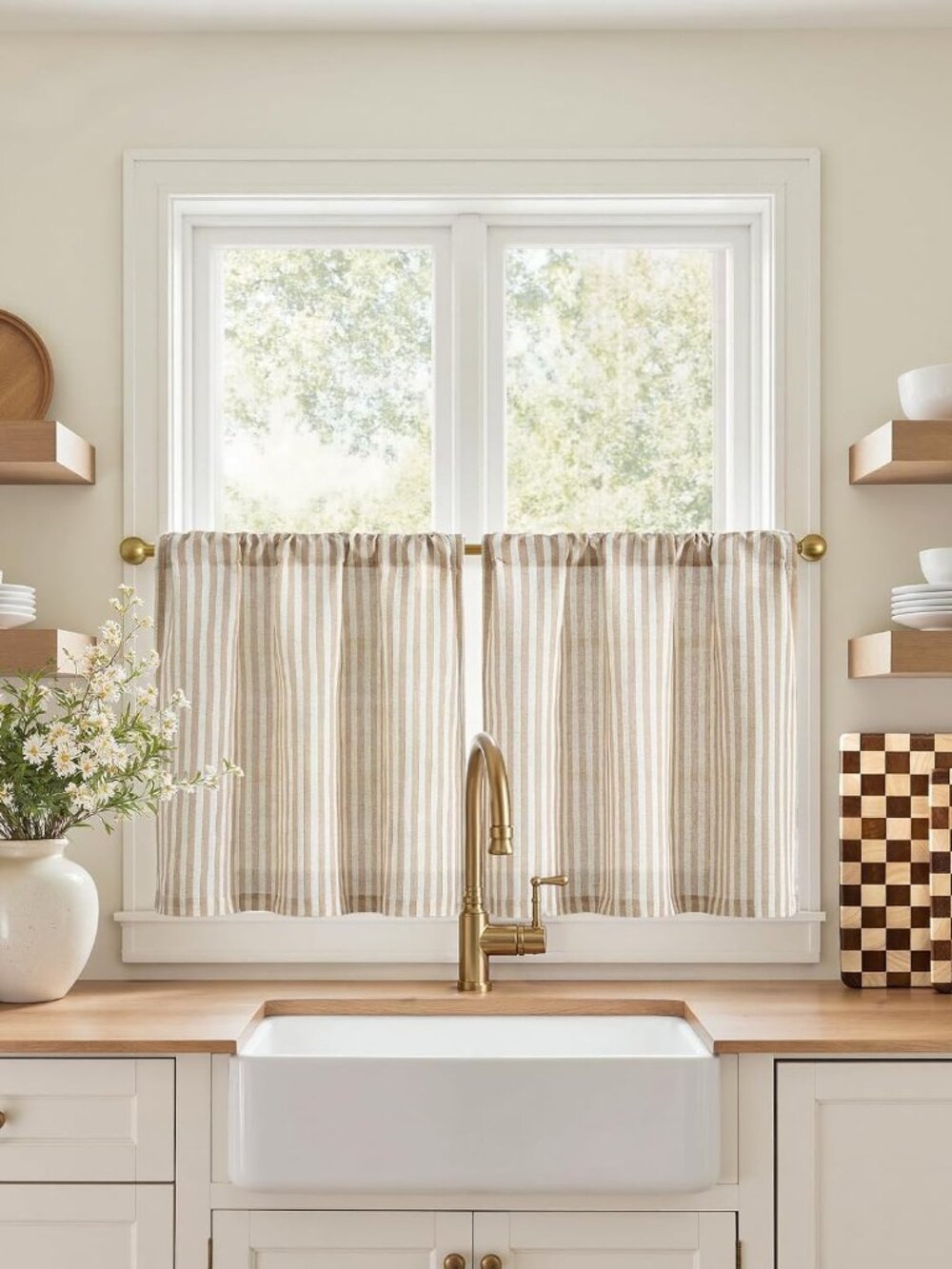 Striped Linen Kitchen Tier Curtains, 20 Inch, Tan, 2 Panels